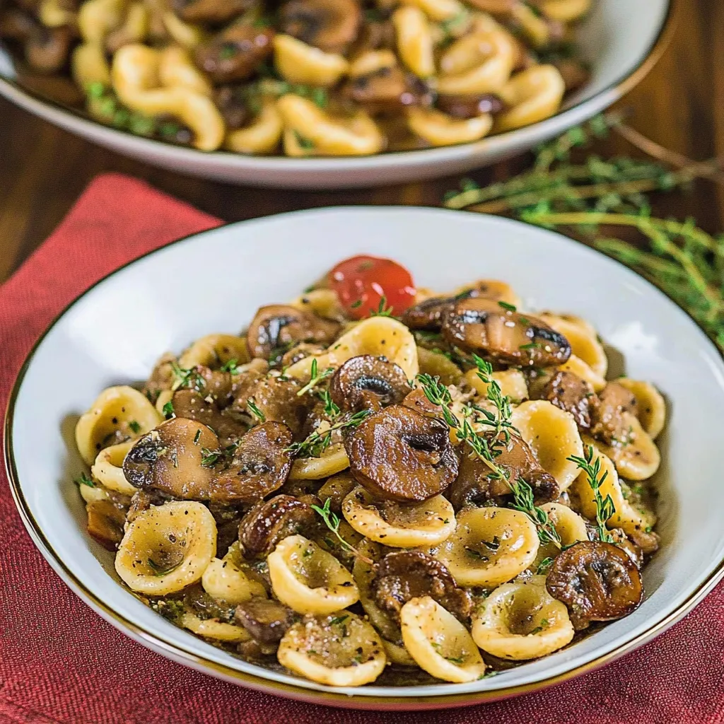 A bowl of pasta with mushrooms and tomatoes.