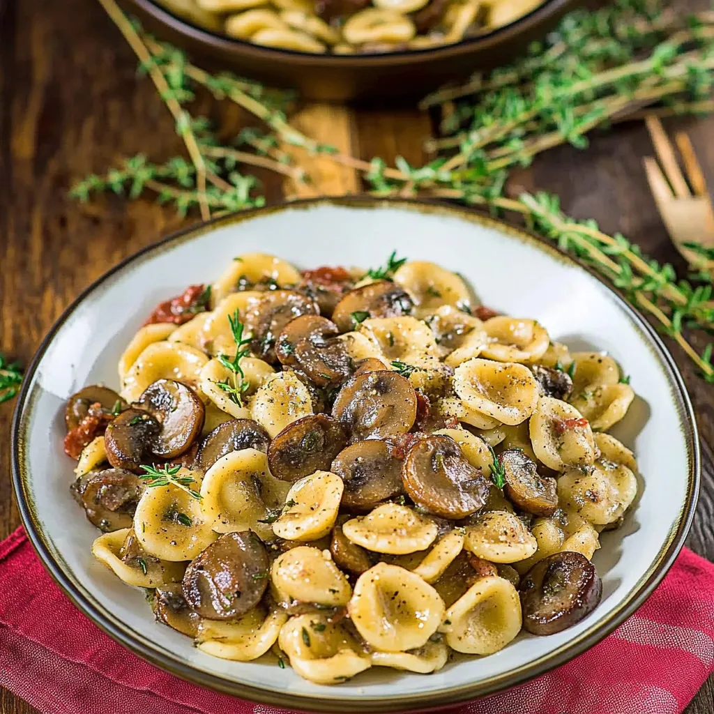 A bowl of pasta with mushrooms and herbs.