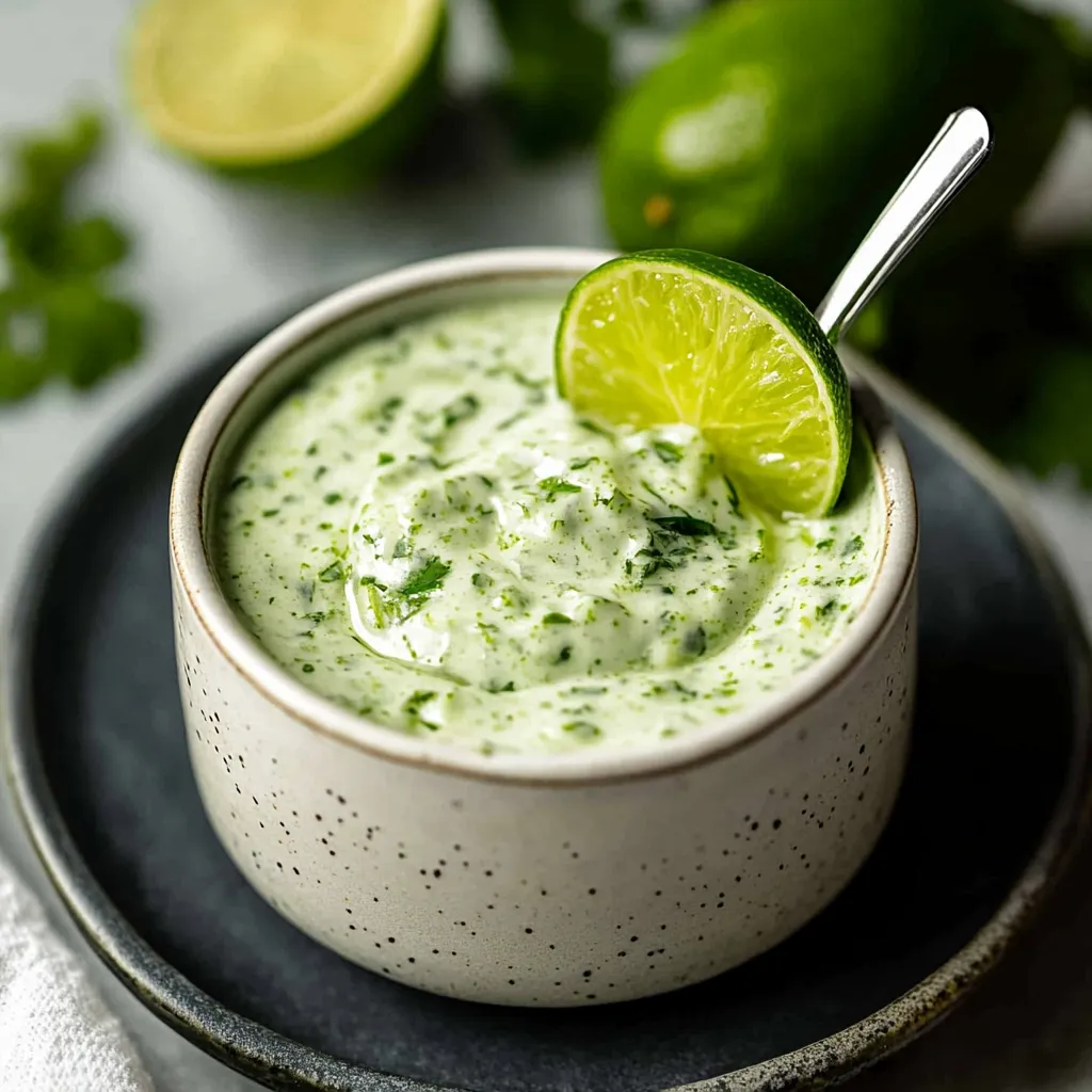 A bowl of green soup with a lime wedge on top.