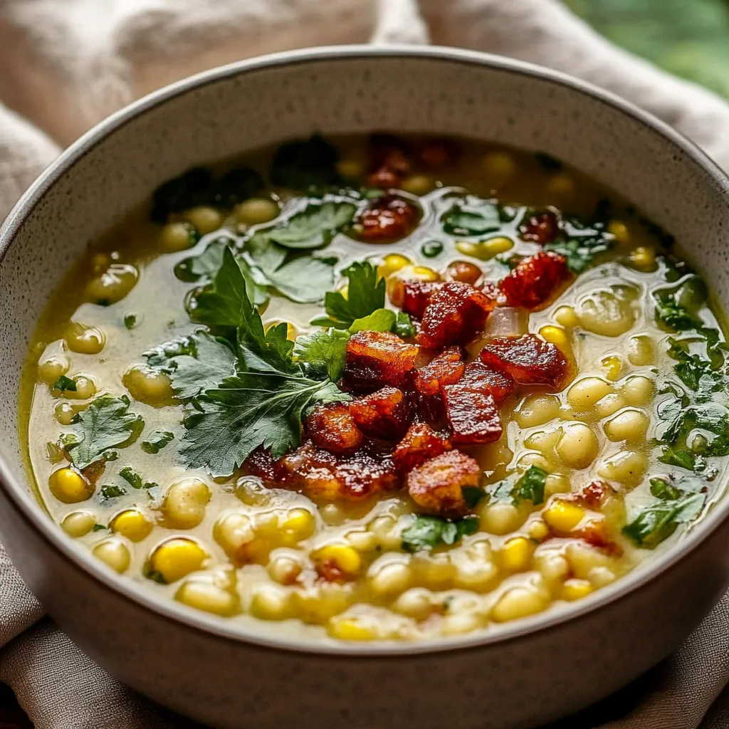 A bowl of soup with bacon and corn.