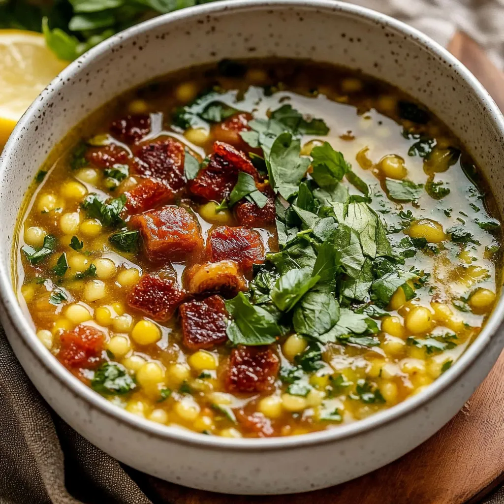 A bowl of soup with bacon and greens.