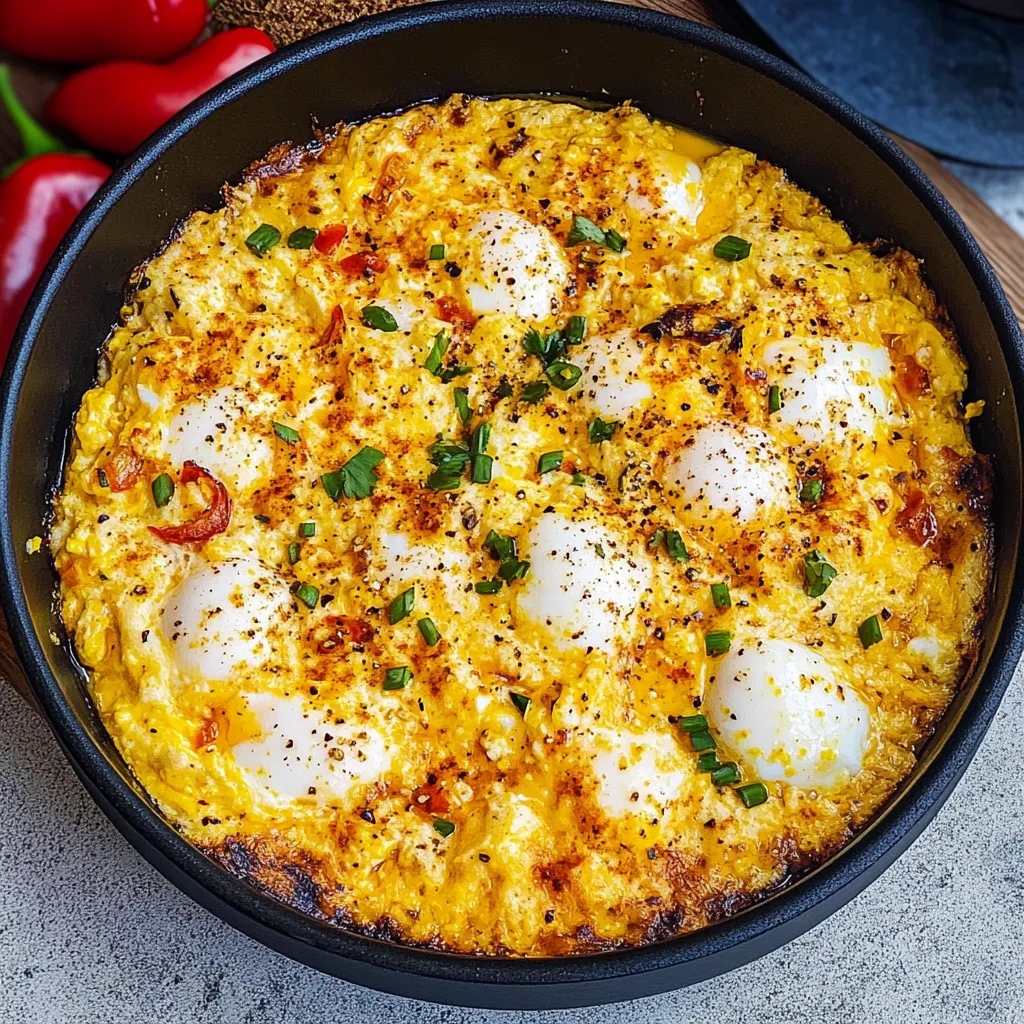 A bowl of food with eggs and peppers.