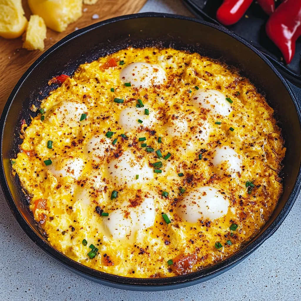 A pan of food with eggs and peppers.