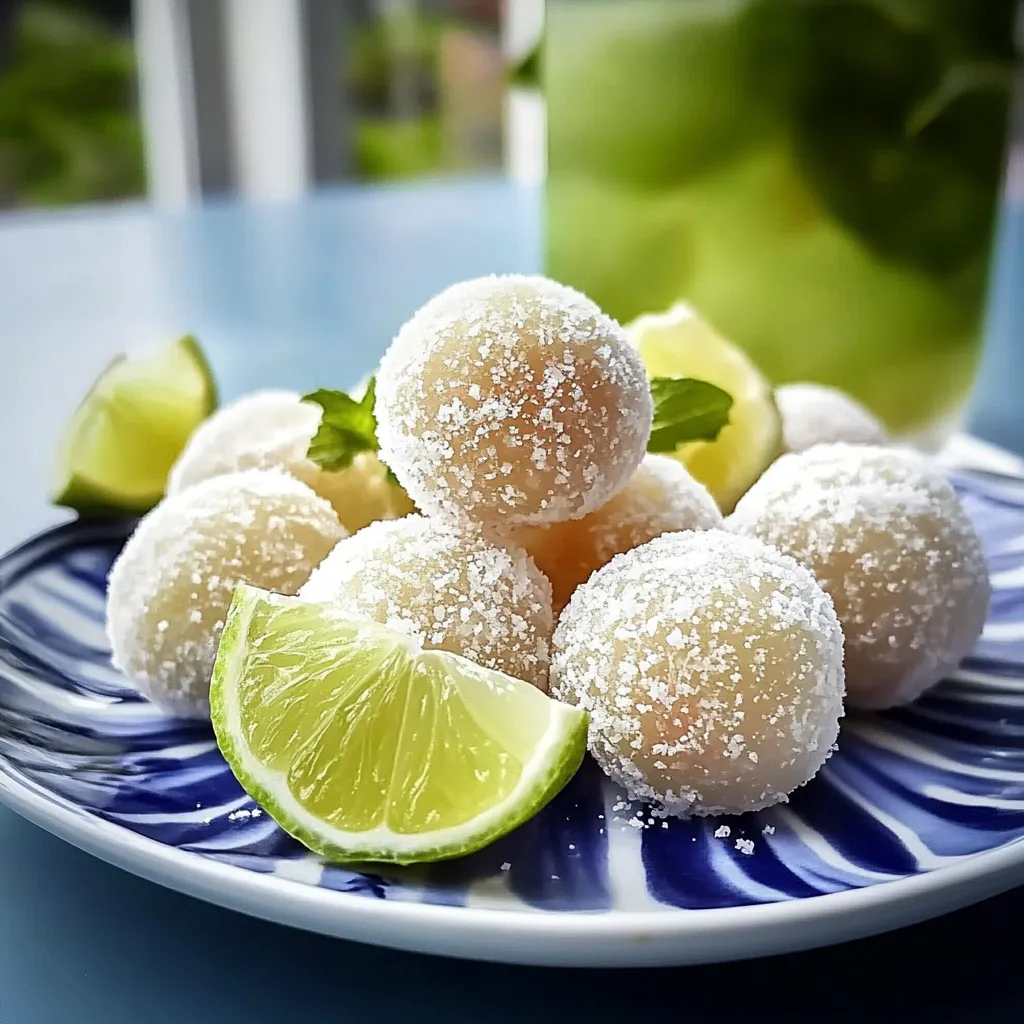 A plate of white powdered sugar covered balls with lime wedges on the side.