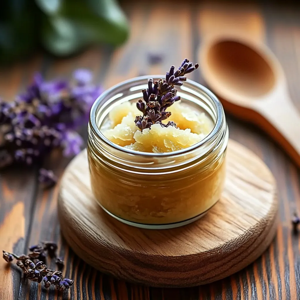 A jar of lavender honey with a spoon.