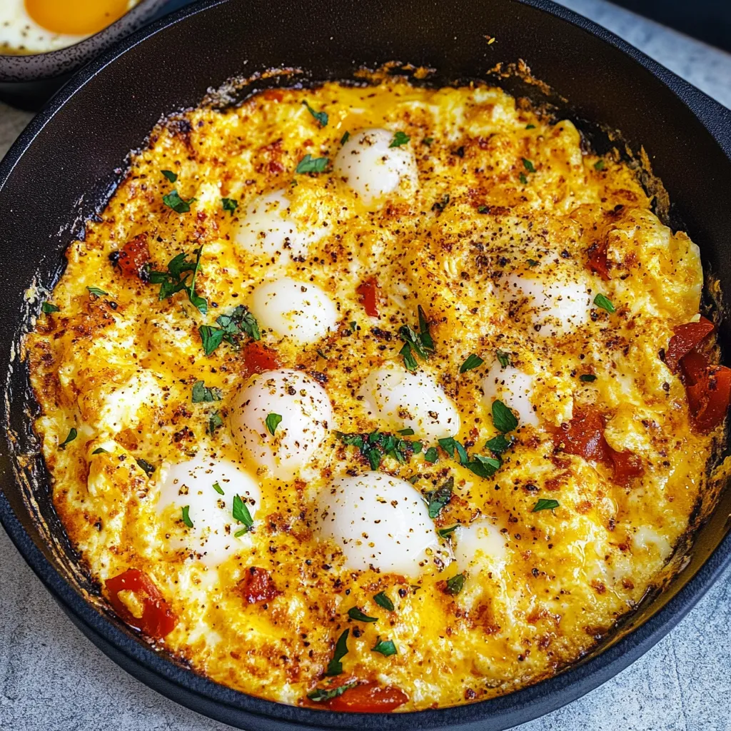 A bowl of eggs and tomatoes.