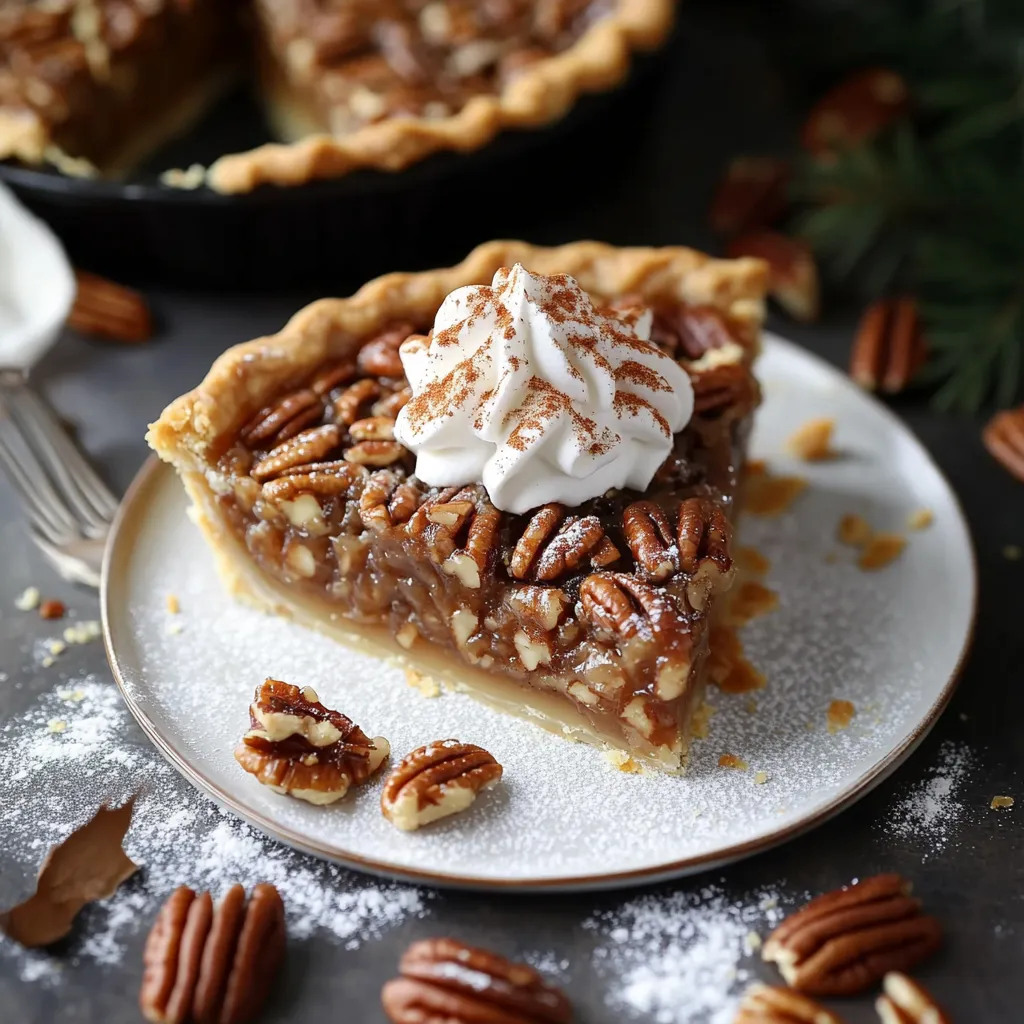 A slice of pie with whipped cream and pecans.