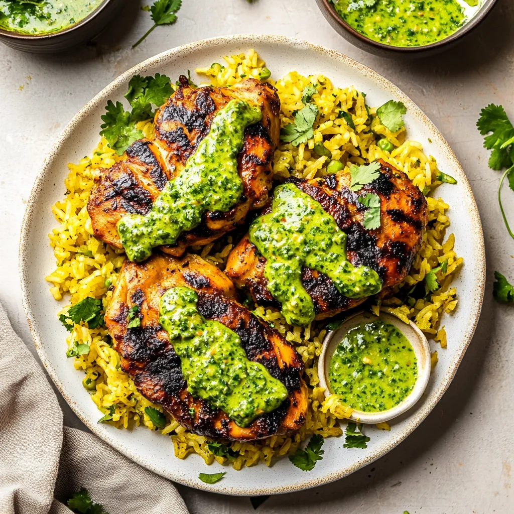 A plate of rice with chicken and sauce.