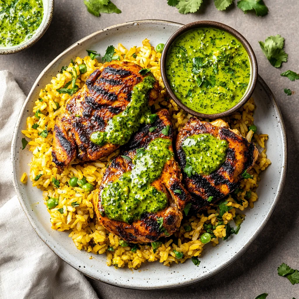 A plate of rice and meat with a green sauce.