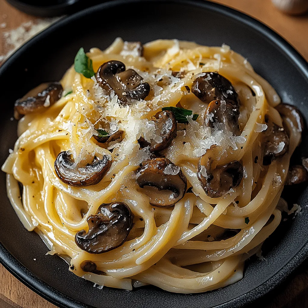 A bowl of pasta with mushrooms on top.