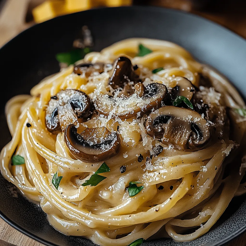 A bowl of pasta with mushrooms and cheese.