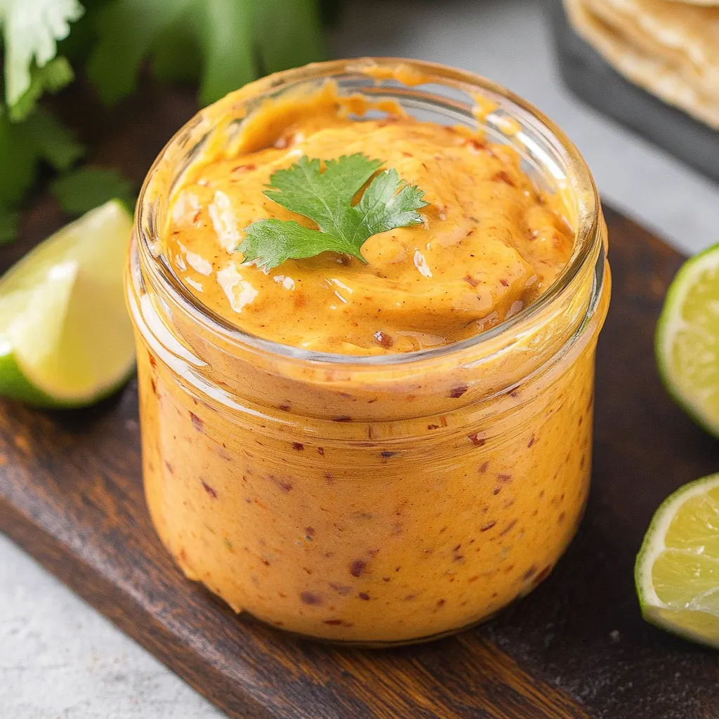 A jar of orange sauce with a green garnish.