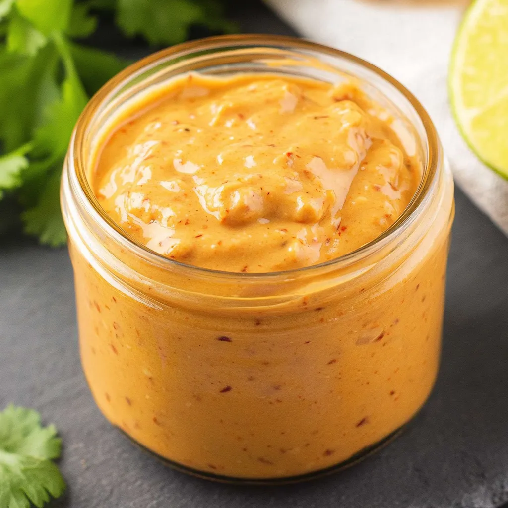 A jar of orange sauce with a lime wedge on the side.