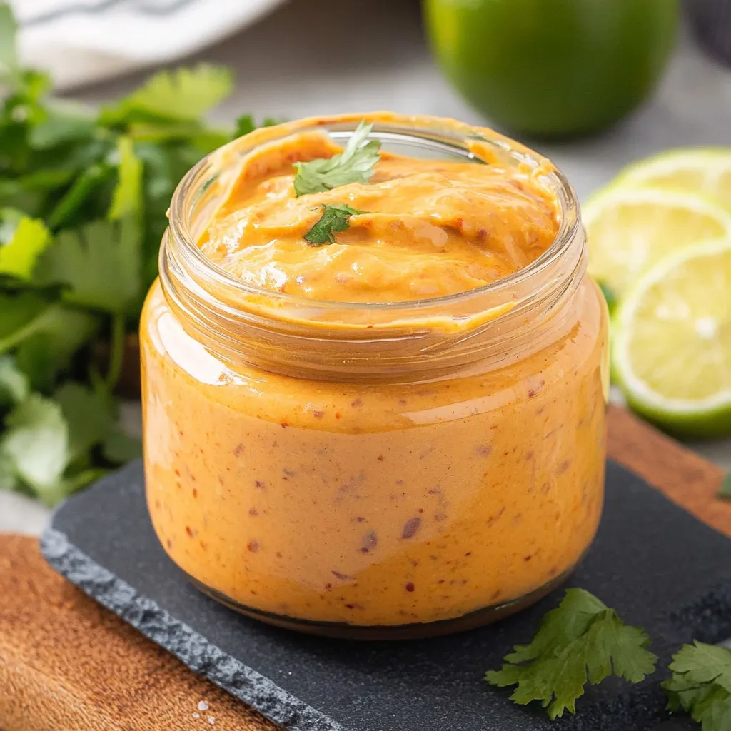 A jar of orange sauce with a green lime on the side.