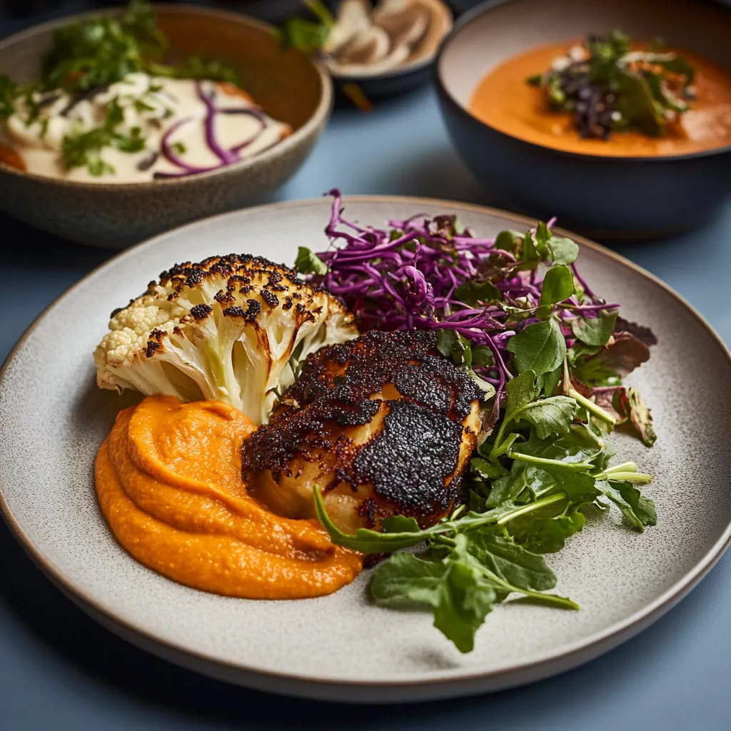 A plate of food with a salad and a bowl of soup.
