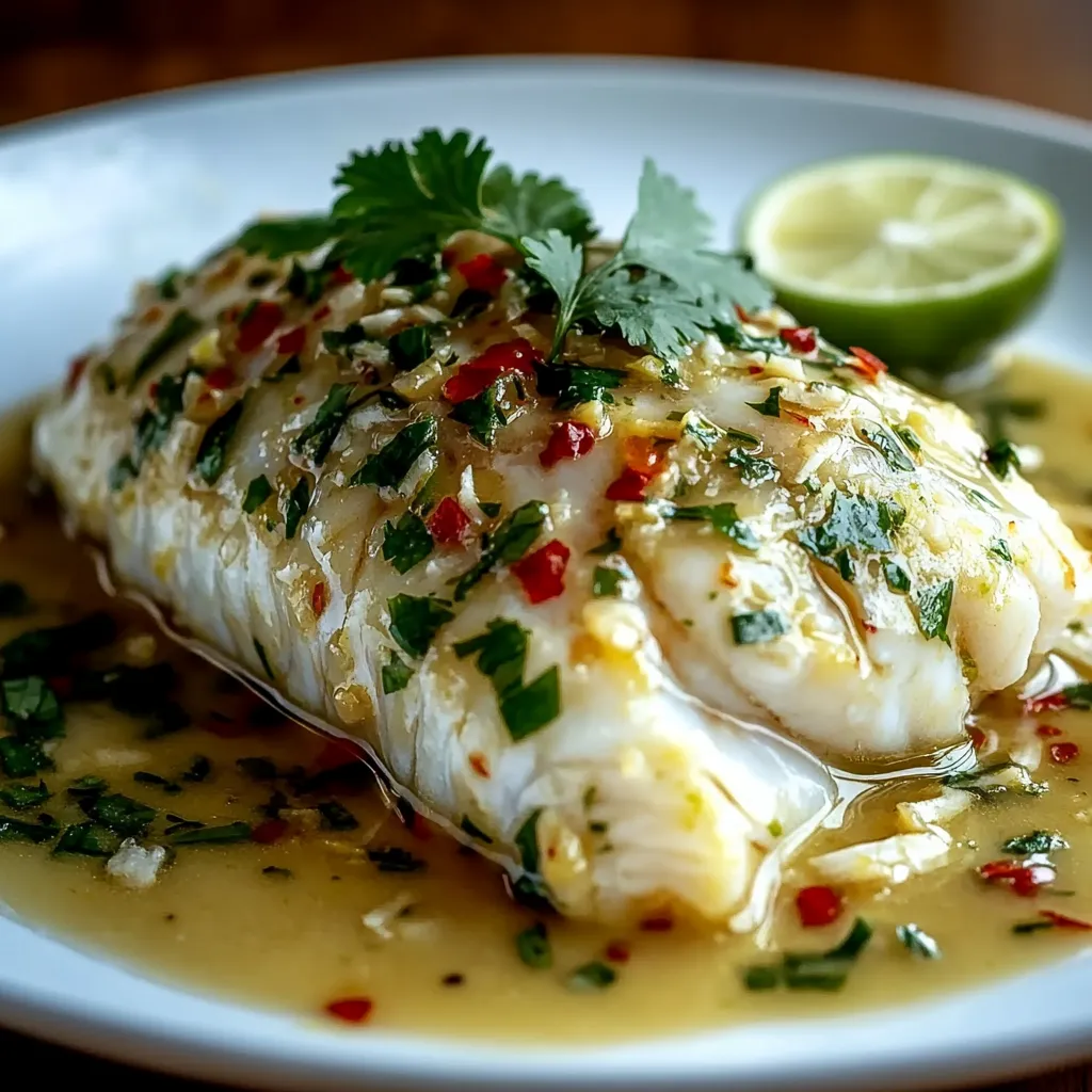 A plate of fish with a garnish of parsley and lime.