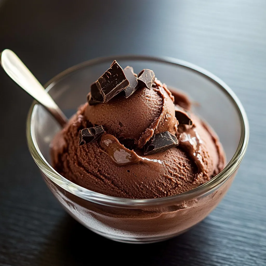 A bowl of chocolate ice cream with chocolate chips on top.