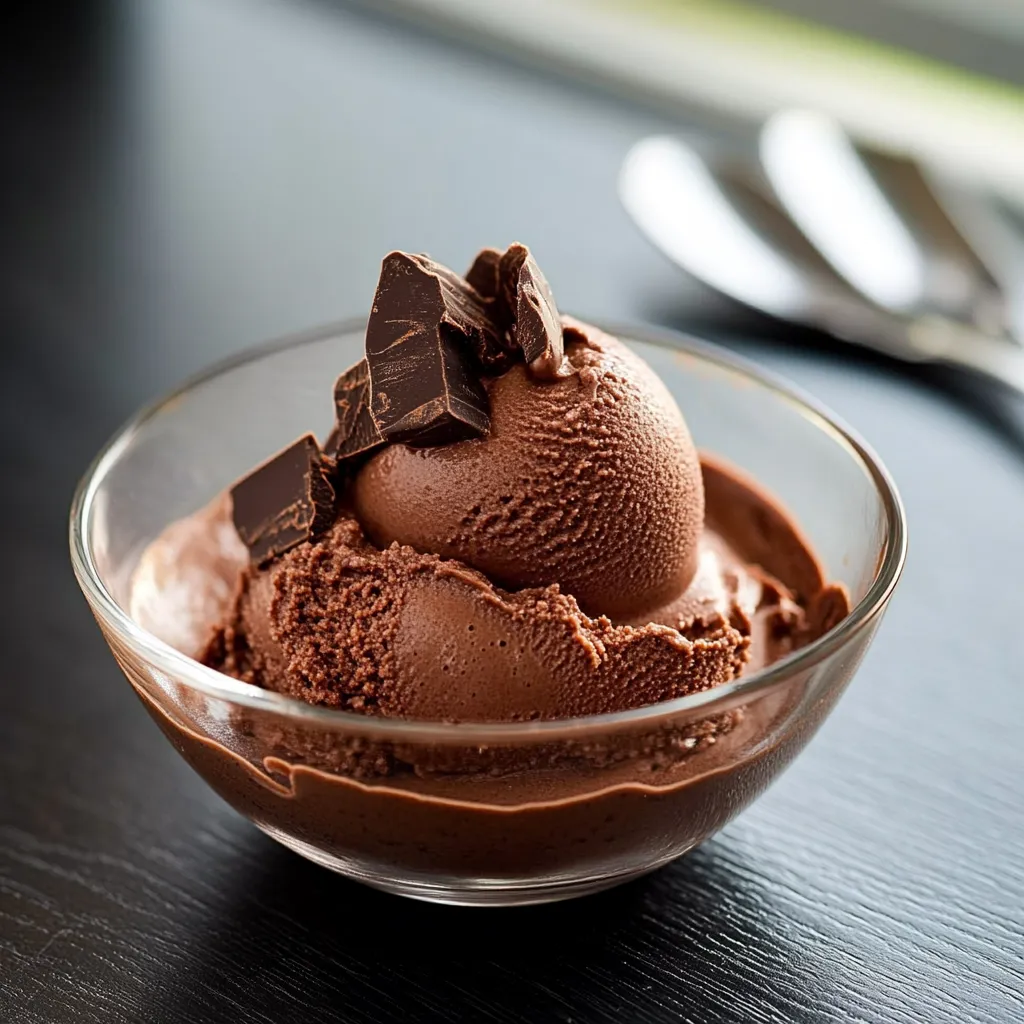 A bowl of chocolate ice cream with chocolate chips on top.