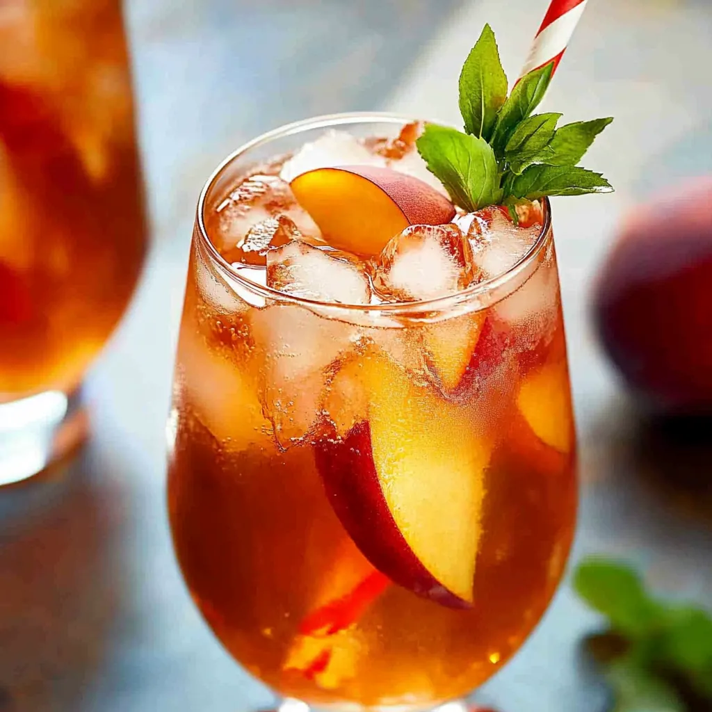 A glass of tea with a slice of apple in it.