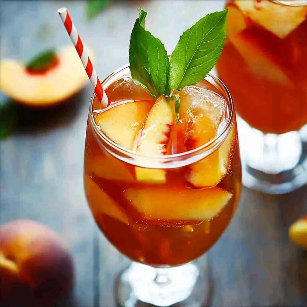 A glass of peach juice with a mint leaf on top.