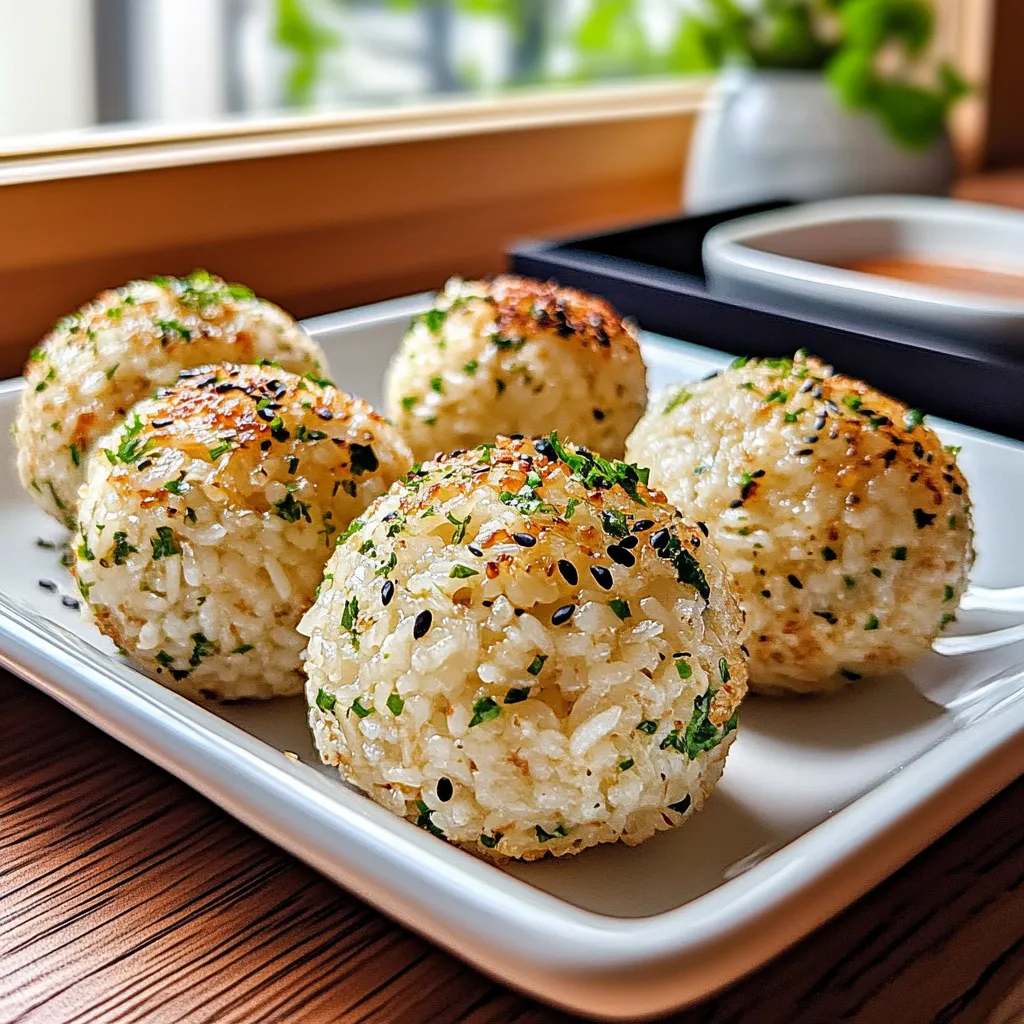 A plate of rice balls with green seasoning.