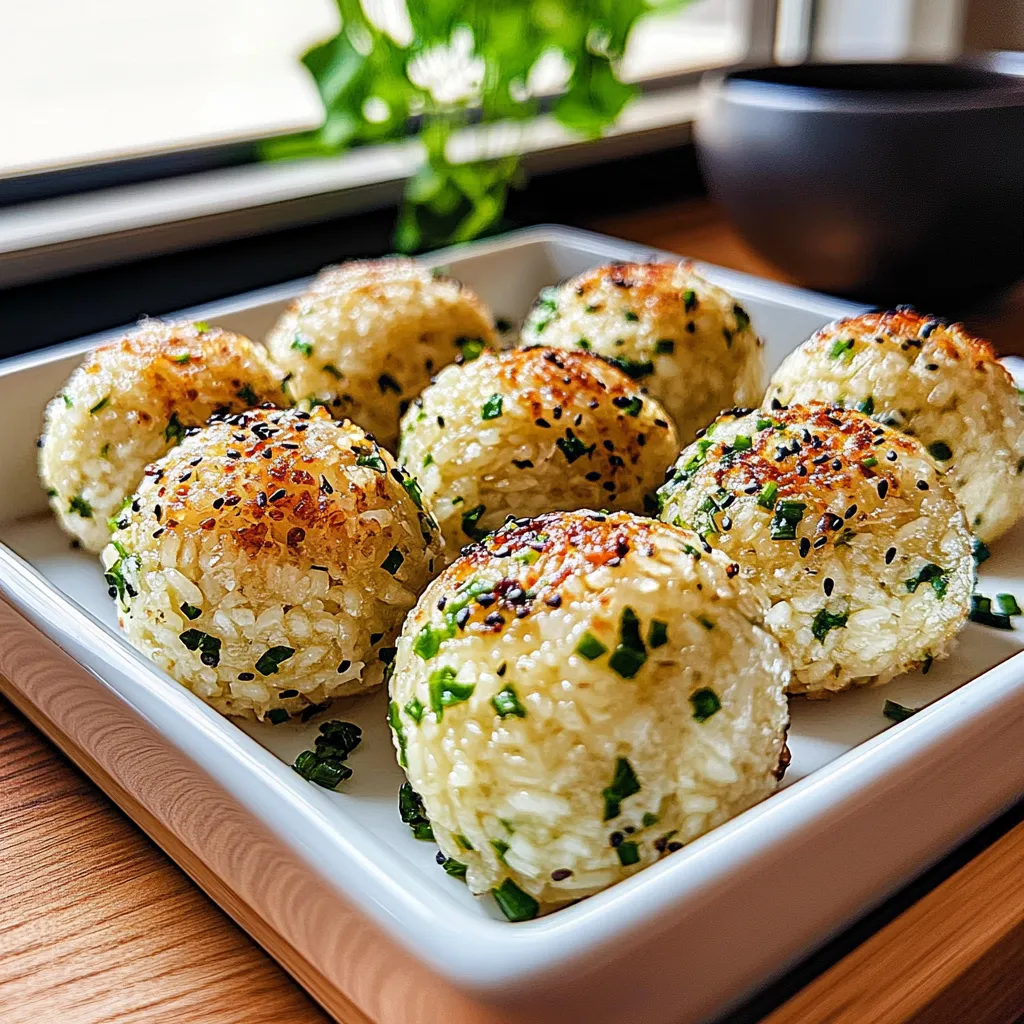A plate of rice balls with green toppings.