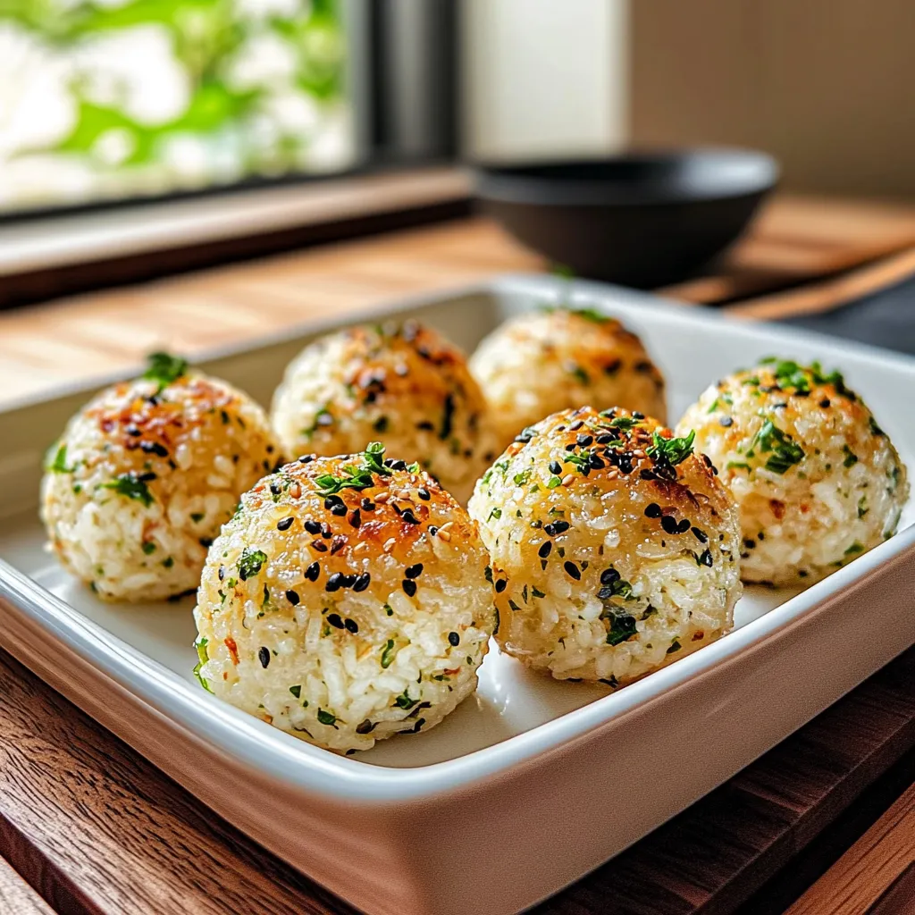 A plate of rice balls with green toppings.
