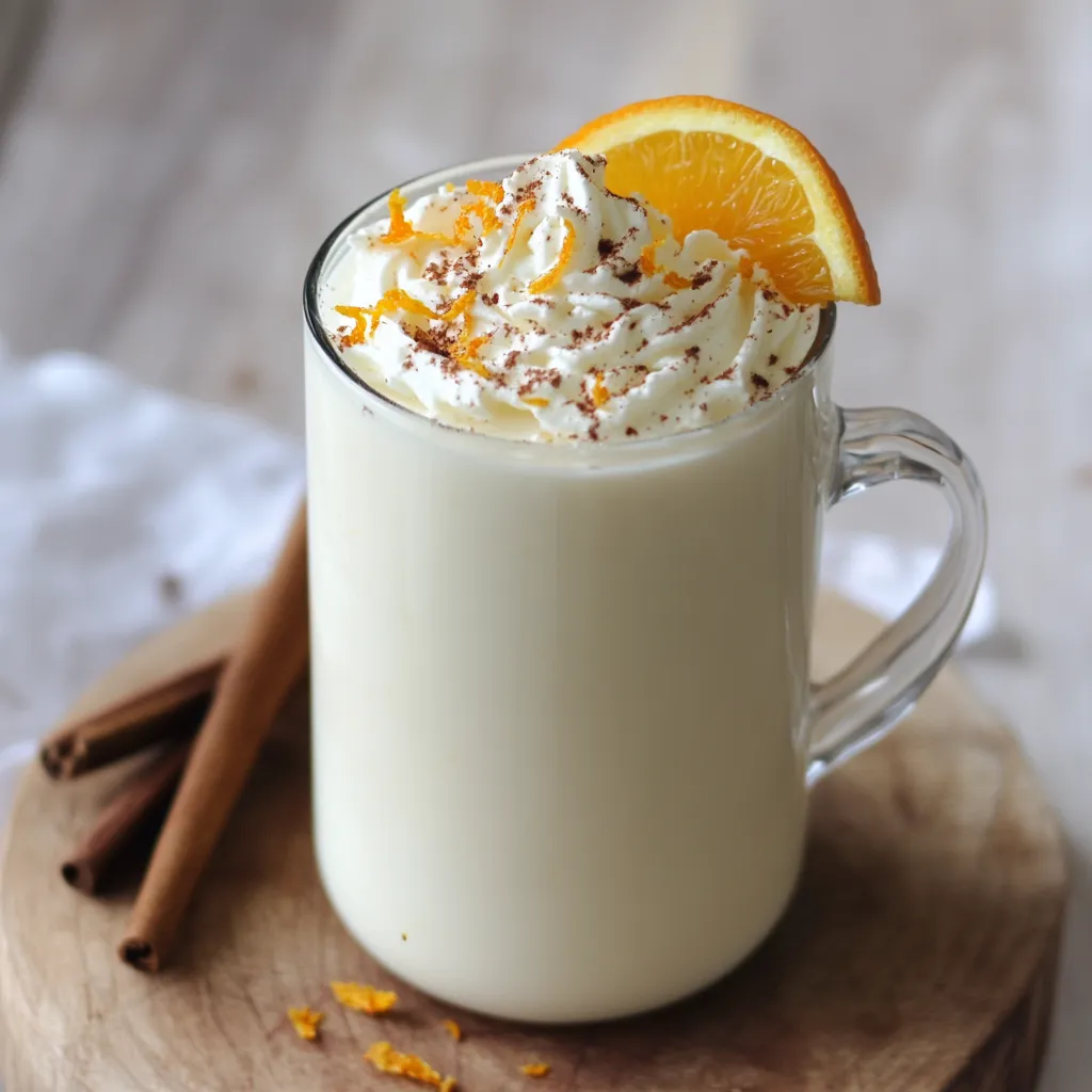 A glass of milk with a slice of orange on top.