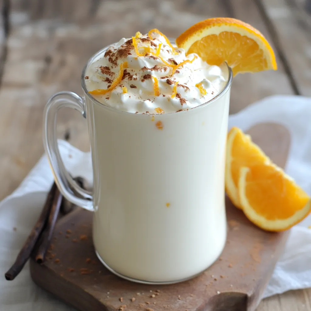 A glass of milk with orange slices on a wooden table.
