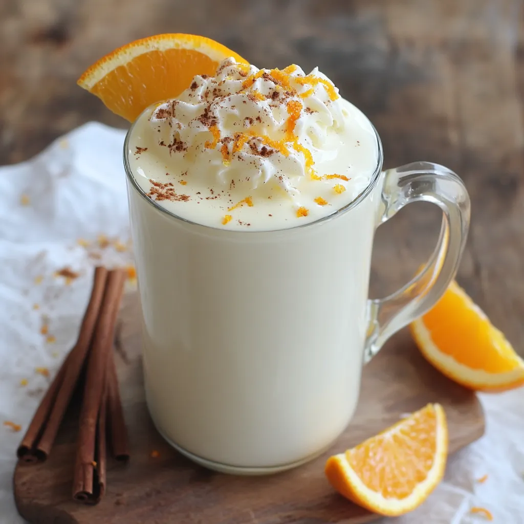 A glass of milk with orange slices and whipped cream.