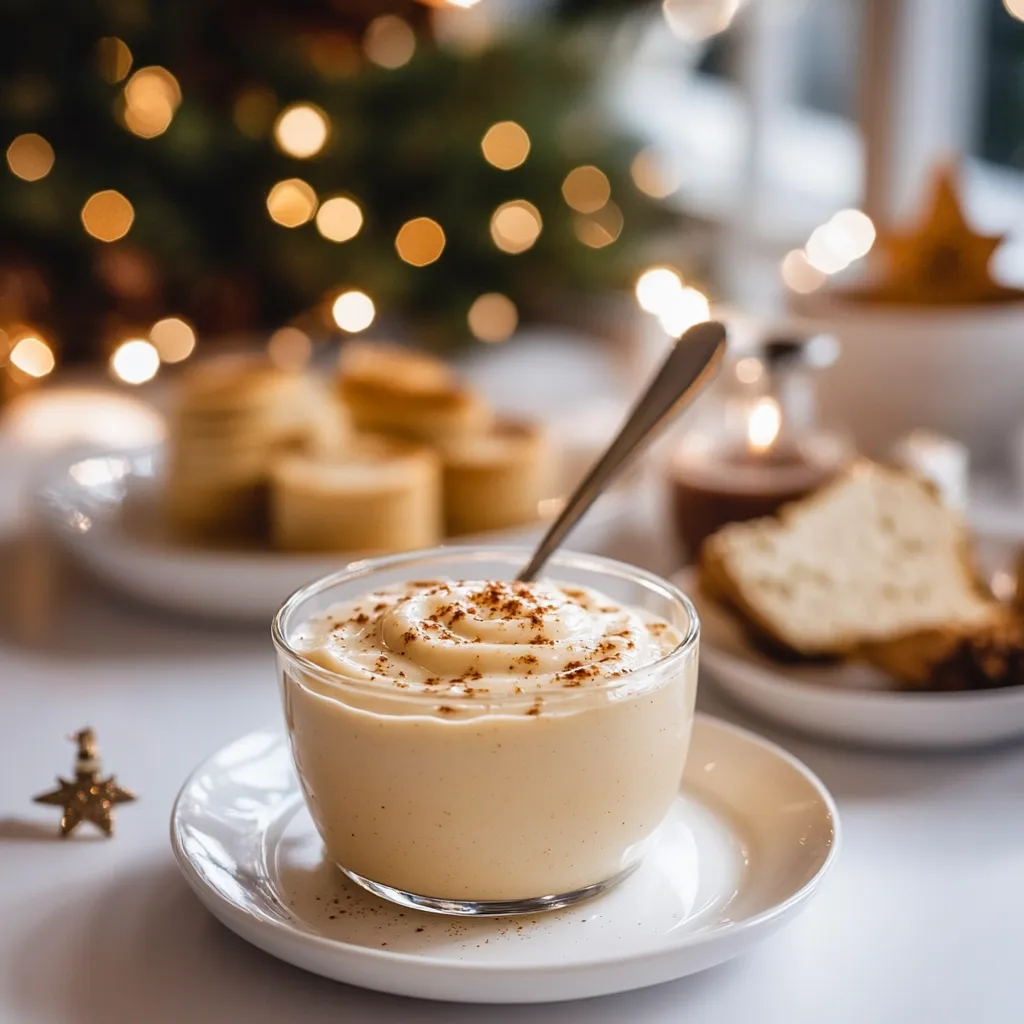A bowl of cream with cinnamon on a table.