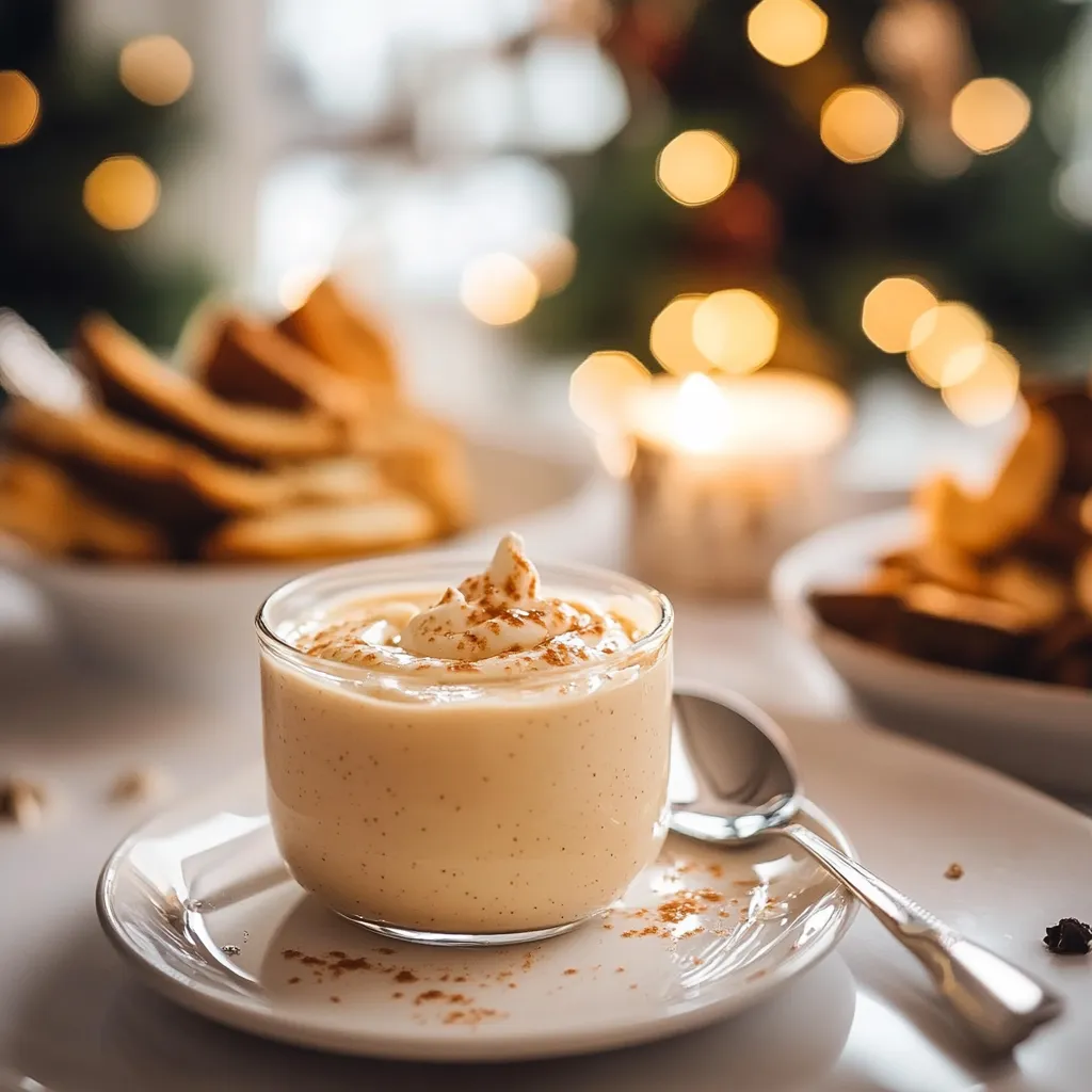 A cup of cream with powdered sugar on a plate.