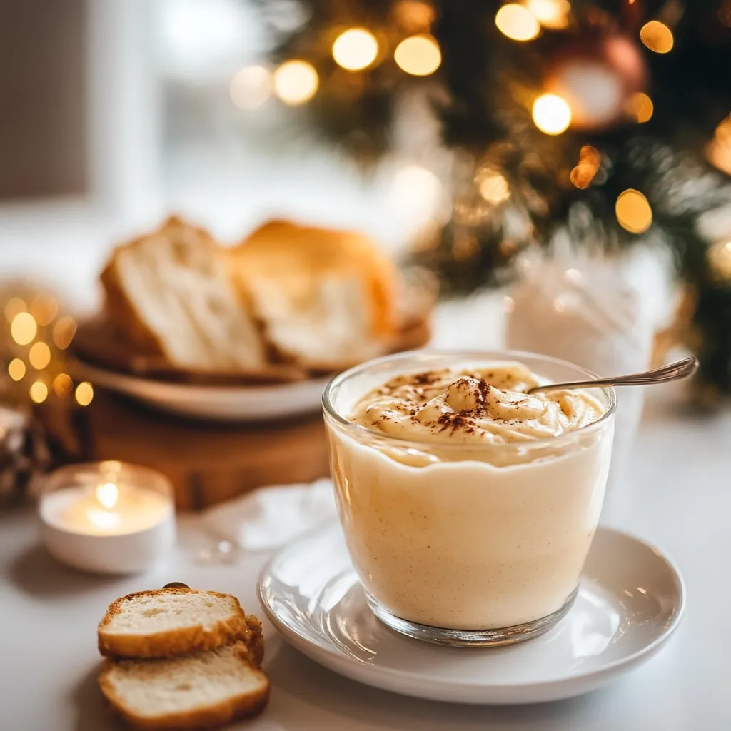 A cup of cream with a slice of bread on a plate.