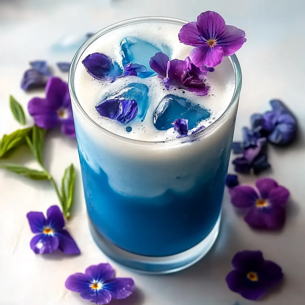 A glass of blue liquid with purple flowers.