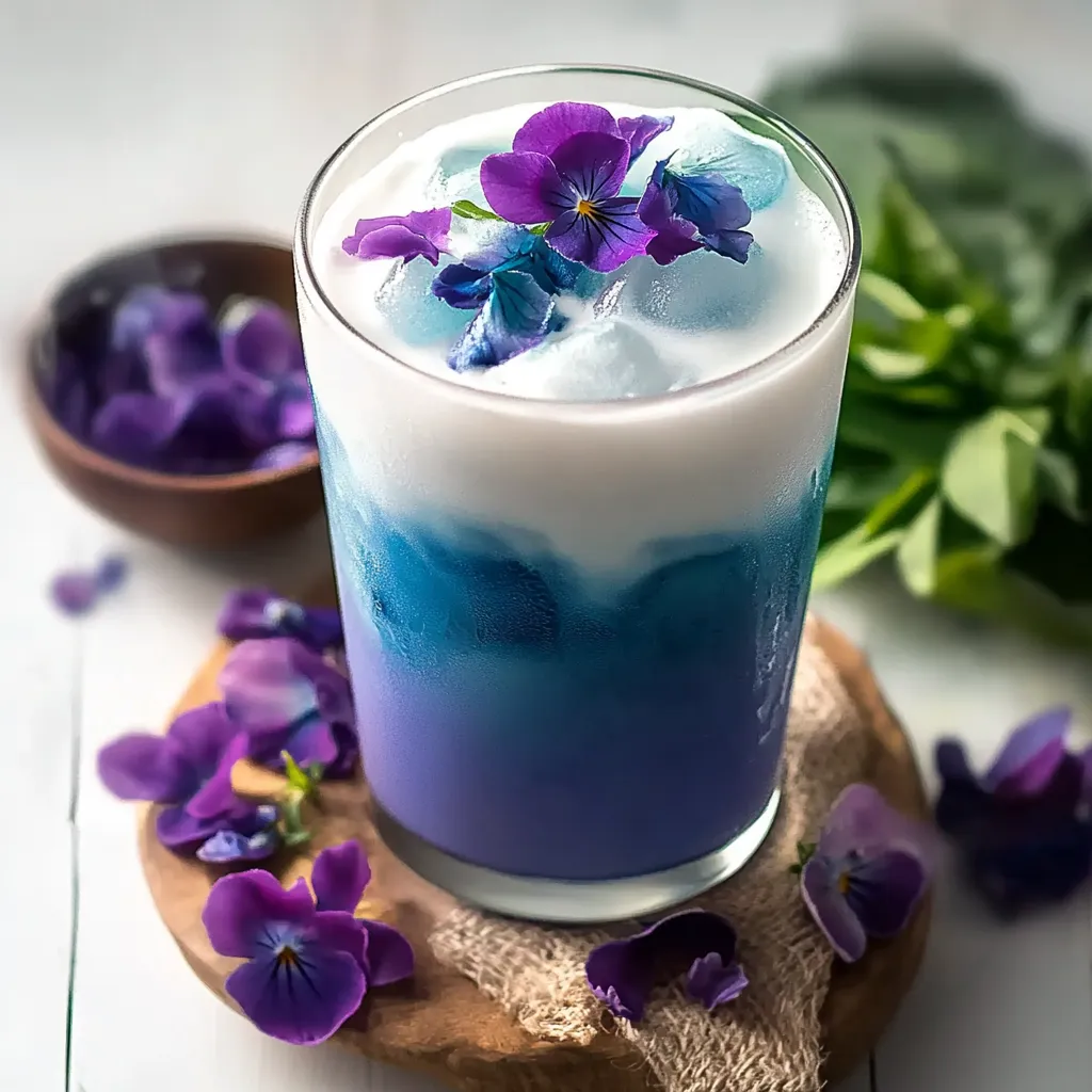 A glass of blue and purple drink with purple flowers.