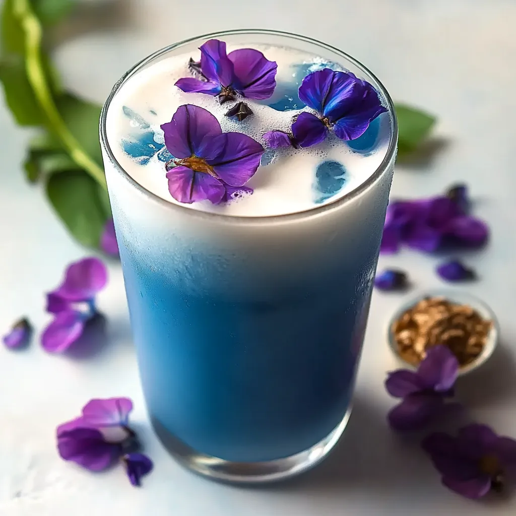 A glass of blue liquid with purple flowers.