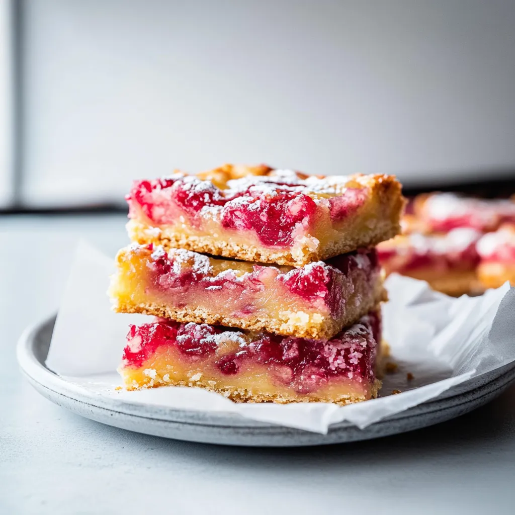 A stack of three desserts with a white powder on top.