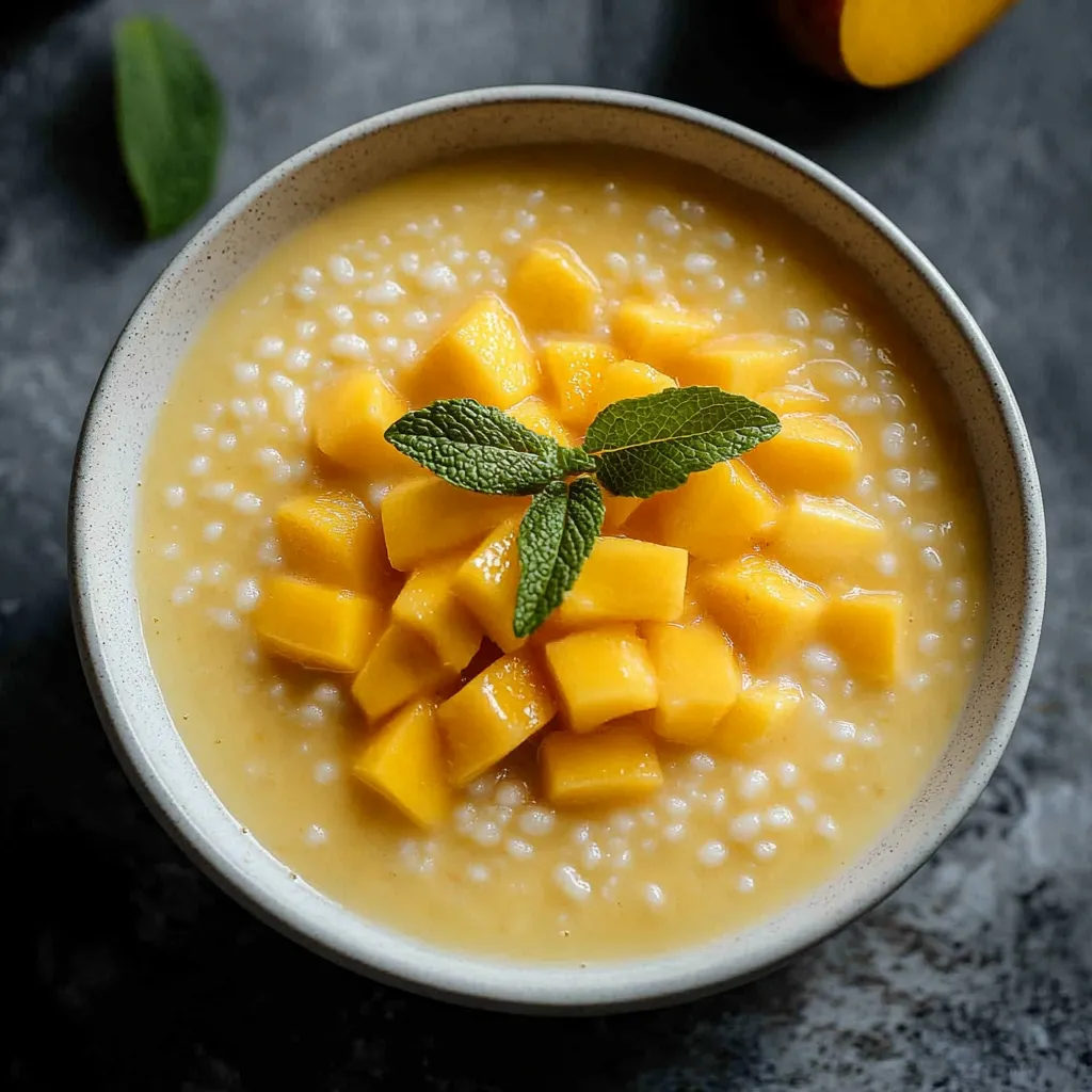A bowl of soup with a green leaf on top.
