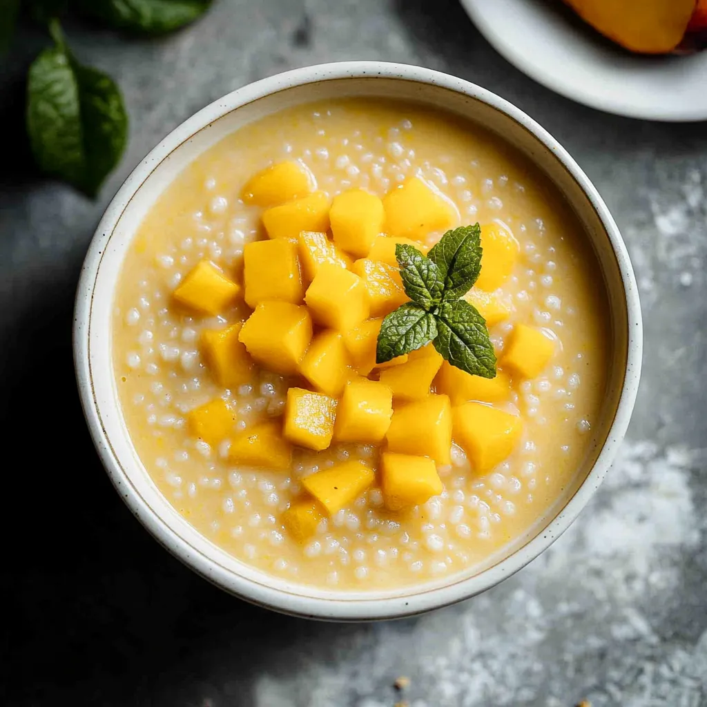 A bowl of soup with a green leaf on top.
