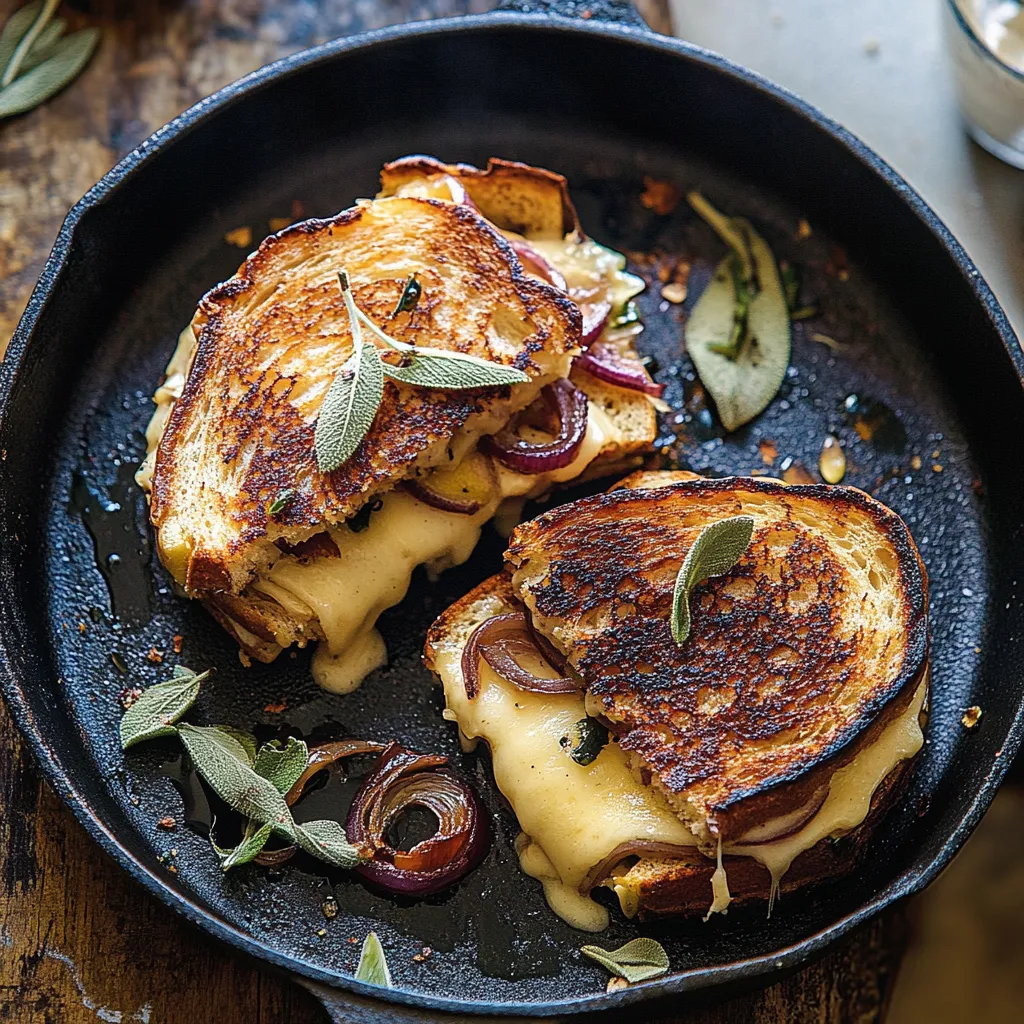 Two grilled cheese sandwiches with onions and herbs.