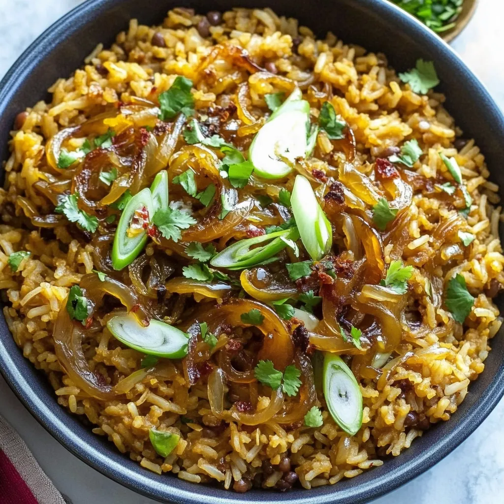 A bowl of rice with onions and peppers.
