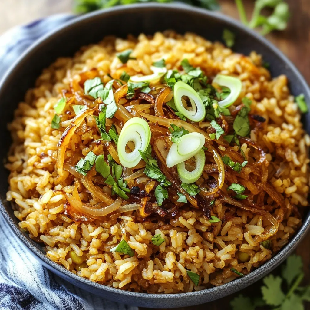 A bowl of rice with onions and green peppers.