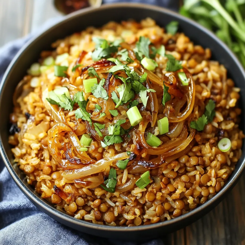 A bowl of rice with onions and herbs.