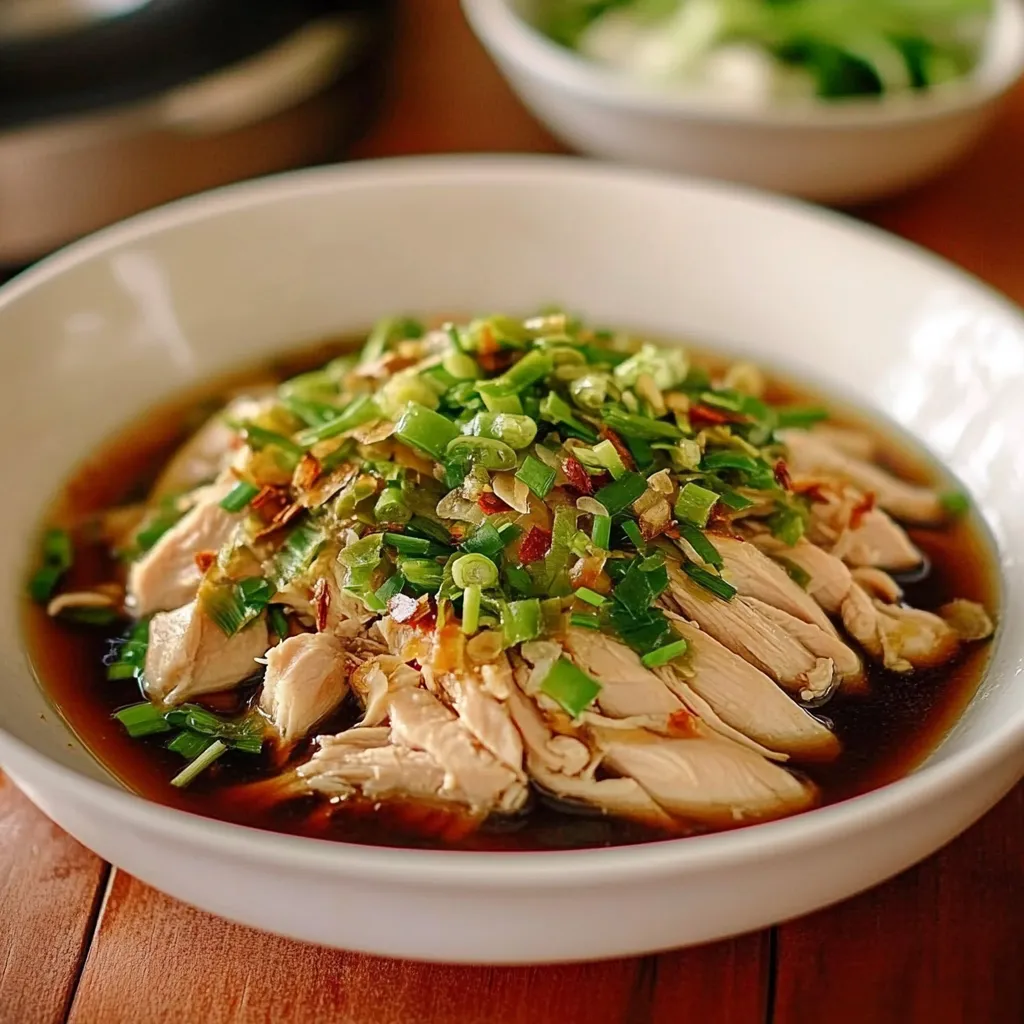 A bowl of soup with chicken and vegetables.