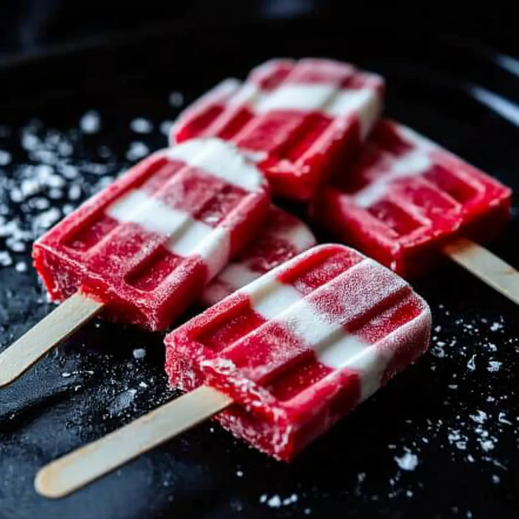 Four red and white striped popsicles on a black plate.