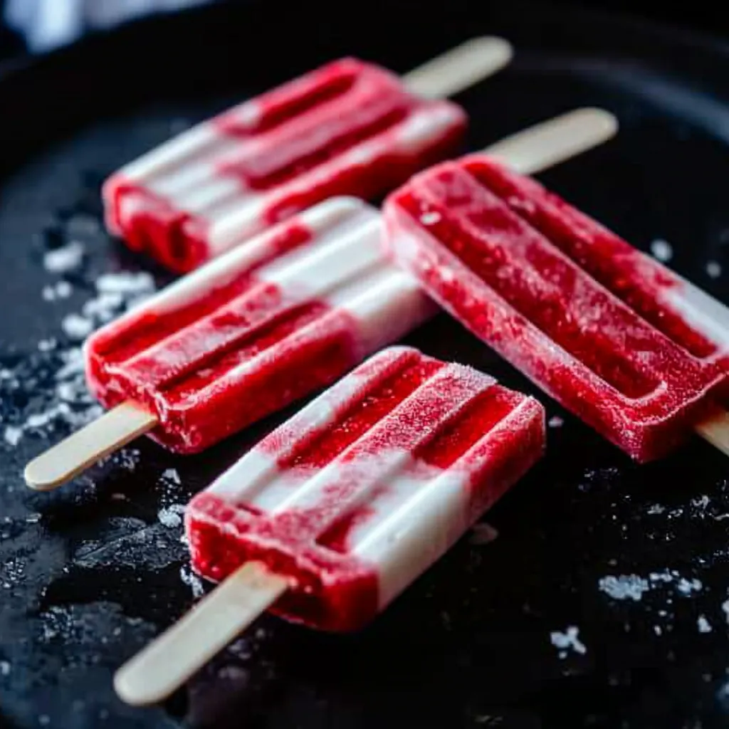 A plate of popsicles with red and white stripes.