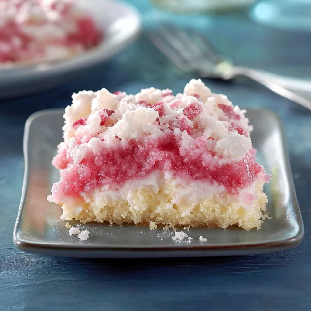 A slice of cake with white frosting and red fruit.