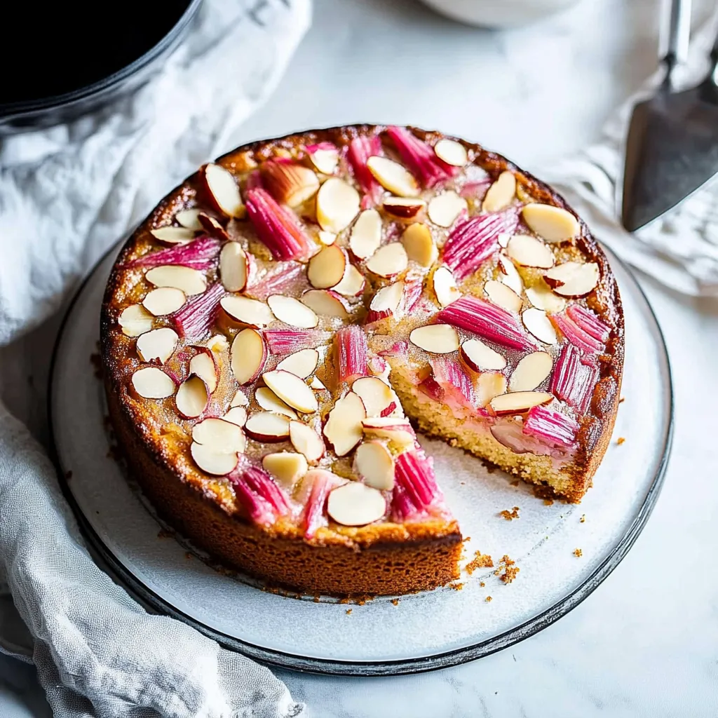 A slice of cake with almonds and pink fruit on top.