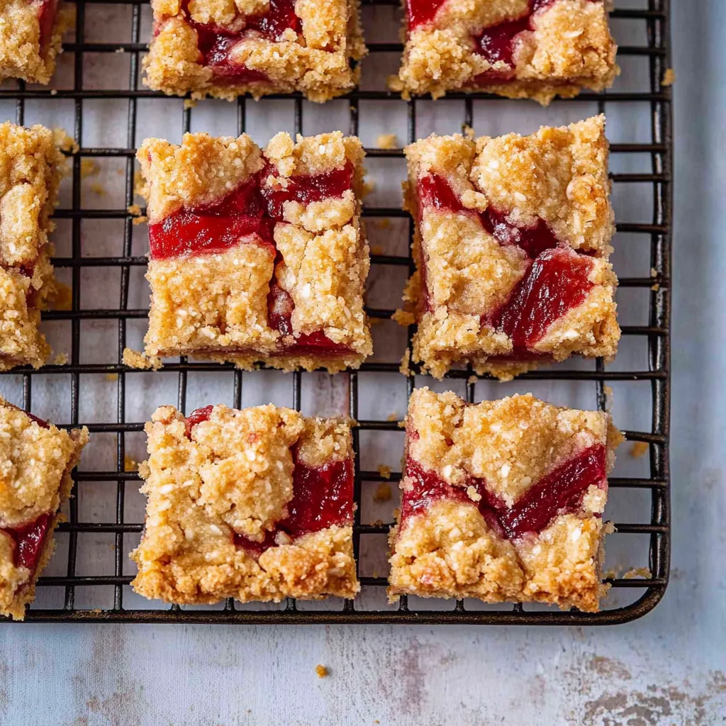 A tray of square cake with a red fruit topping.