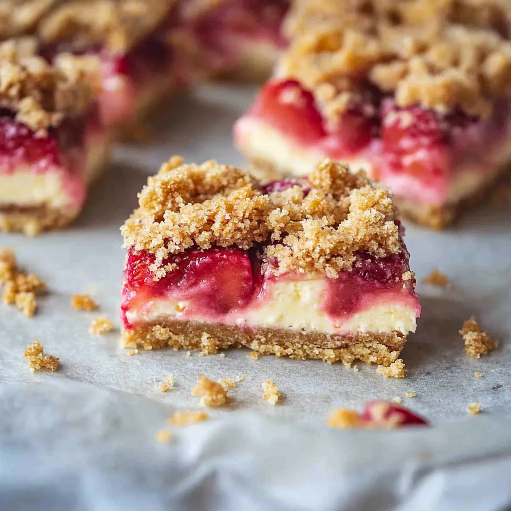 A piece of dessert with strawberries and crumbs.